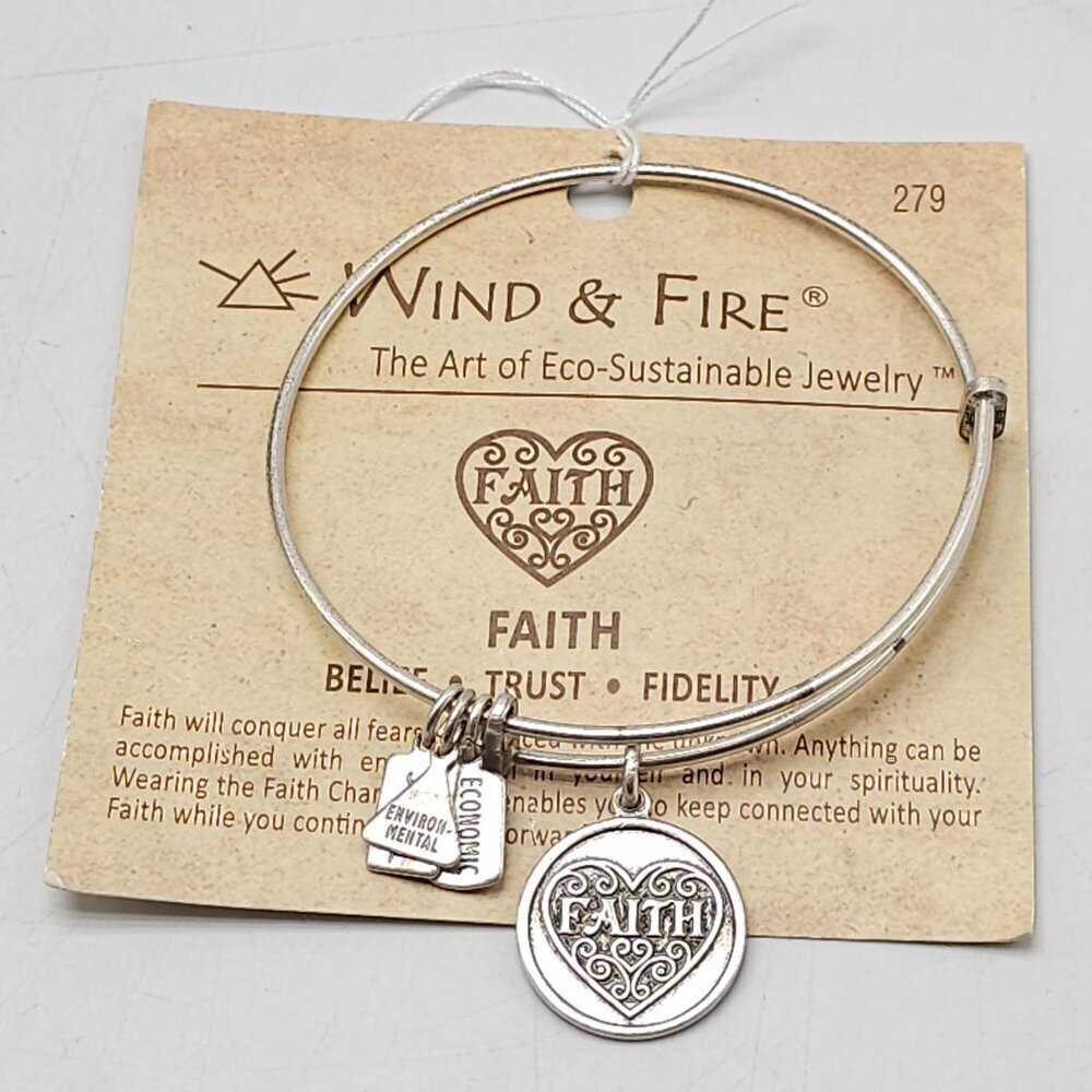 Wind & Fire Silver Tone Faith Charm Bangle Bracelet